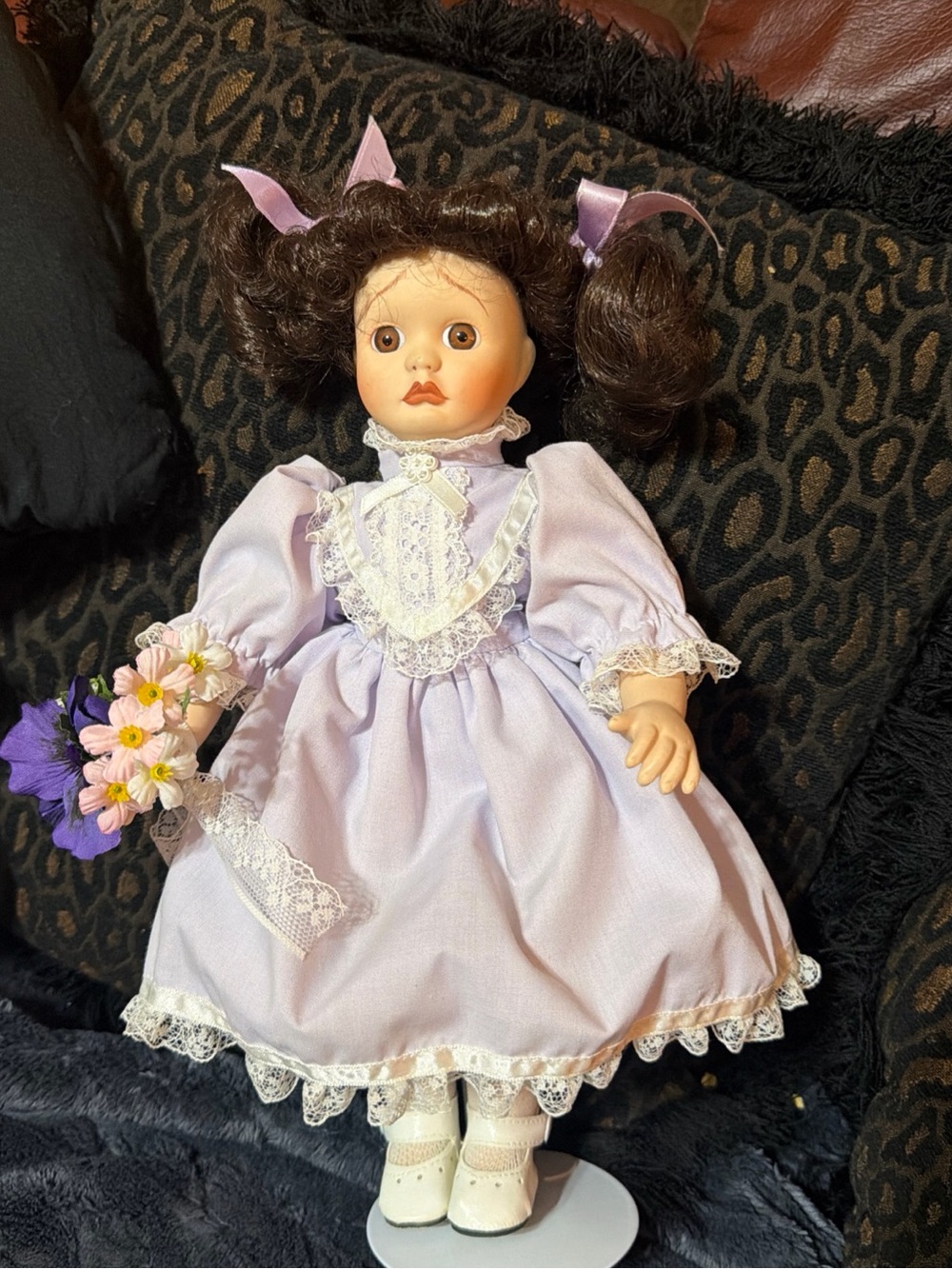 Lavender Lace Dress Porcelain-Style Girl Doll with Brown Hair